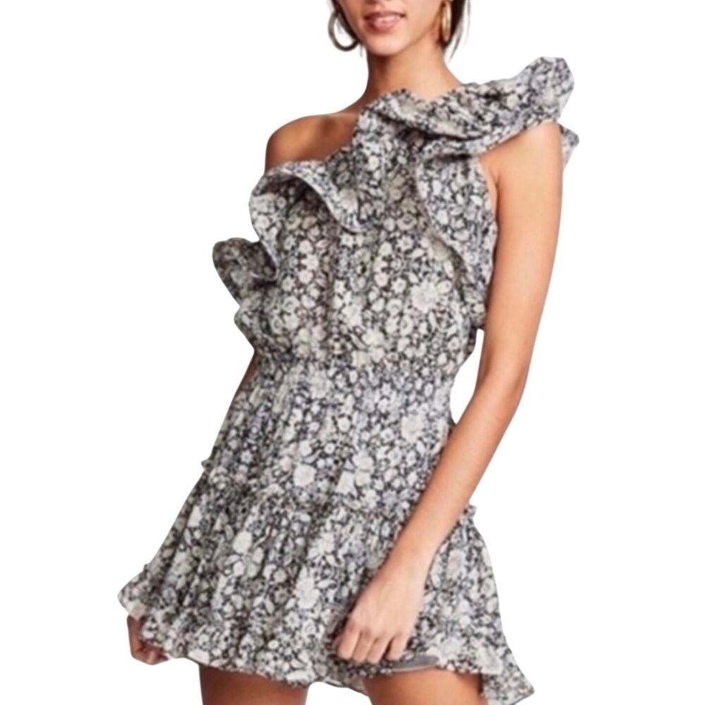 MISA Los Angeles One Shoulder Ruffle Floral Mini Dress XS Navy Blue Smocked